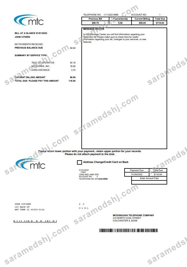 USA Illinois MTC utility bill template in Word and PDF format